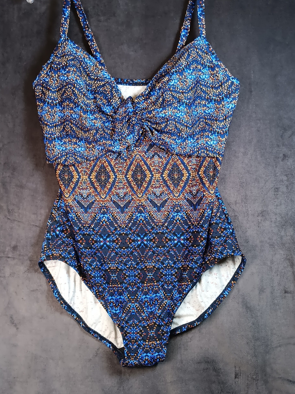 Miraclesuit Navy and Tan Geometric One-Piece Swimsuit. Larger Busted Women.